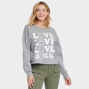 NWOT Smiley World gray Love oversized cutoff sweatshirt